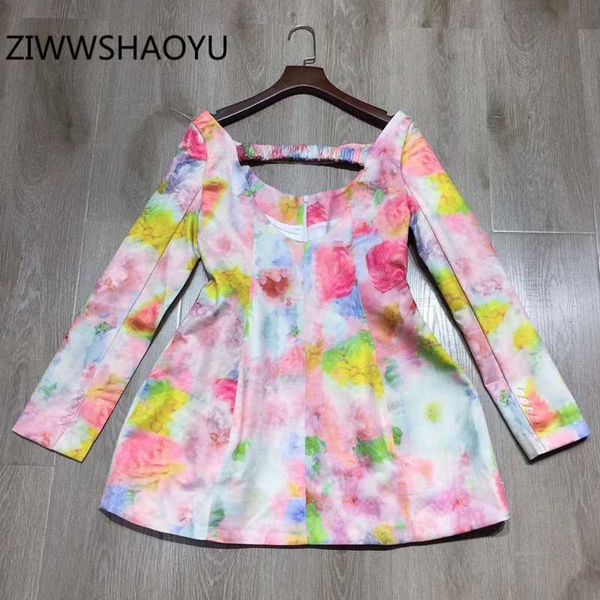 

ziwwshaoyu female summer square collar backless beach mini dress runway designer women multicolor floral print short dresses, Black;gray