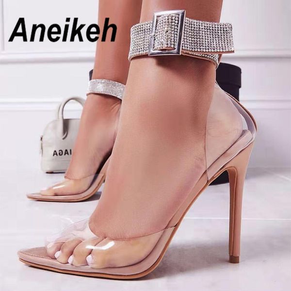 

aneikeh 2020 summer shoes bling crystal pvc transparent high heel shoes ladies party thin heels two-piece pumps size 35-42, Black