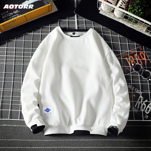 

мужчины весенняя мода o-образным вырезом с длинными рукавами толстовка флис блузка белый черный твердые уличные топы мужские свободные повсе, Black