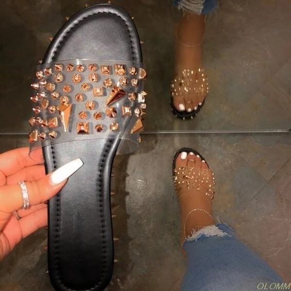 

2020 studded ladies slippers summer outdoor beach slides flat shoes sandals, Black