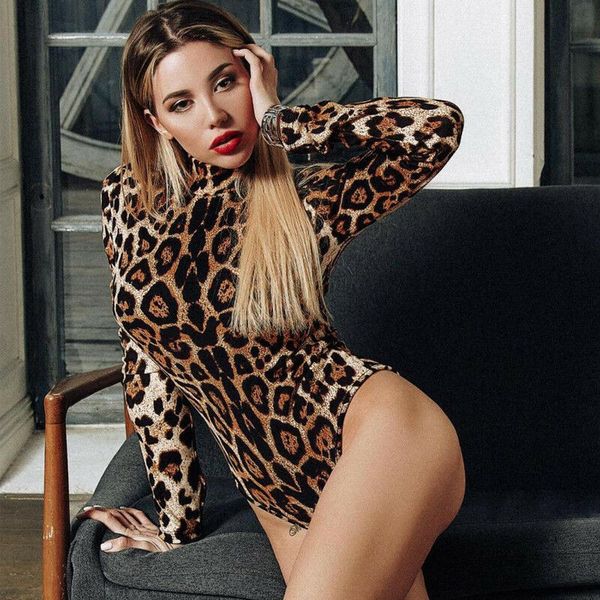 

2019 women long sleeve turtleneck leopard bodysuit jumpsuit one-piece stretch leotard bodysuit blouse clubwear outwear, Black;white