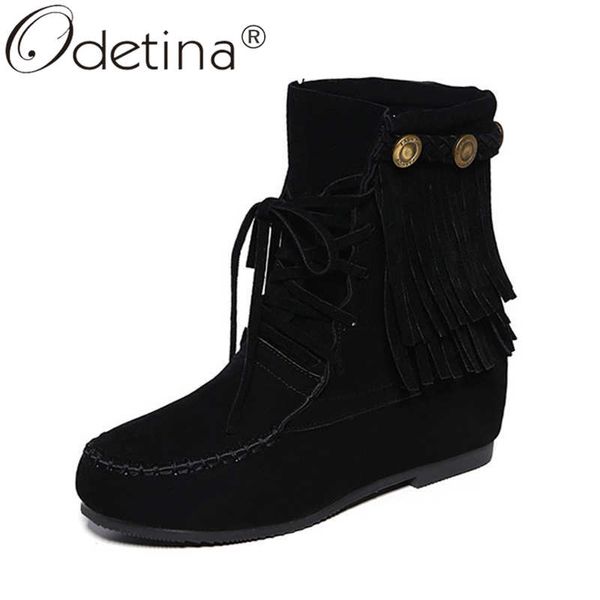 

odetina women faux suede fringe metal decoration ankle boots ladies block mid hidden heel sewing round toe lace up short boots, Black