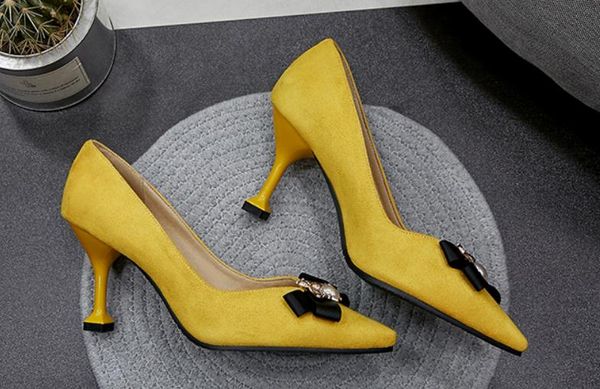 

2019 women's shoes in spring and autumn with new style high heel fine heel pointed end bowknot suede @2073, Black