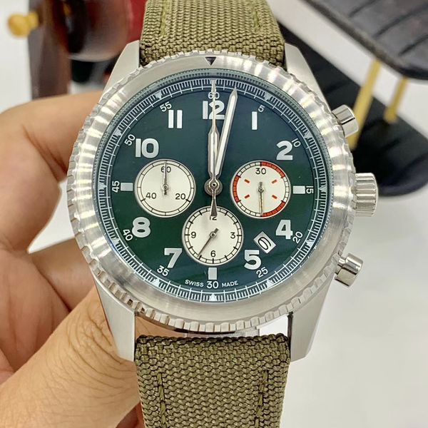 

eagle curtiss quartz chronograph arabic numerals hour marker rotating bezel mens watches navitimer watch green dial fabric band wristwatches, Slivery;brown