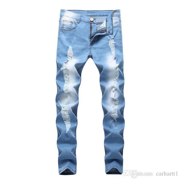 

mens designer hole jeans new fashion casual solid color slim fit pants wild homme jeans, Blue