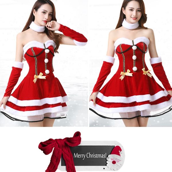 Frau Weihnachtsmann-Weihnachtskostüm für Erwachsene, mehrlagig, A-Linie, Minikleid mit weißem Flauschbesatz, Stirnband, Nackenband, Handschuhen, Set, modisches Cosplay