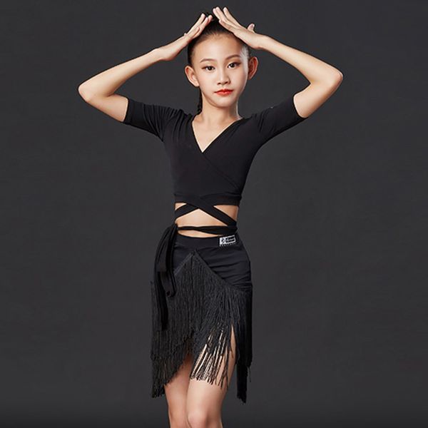 

stage wear latin dance dress children v-neck short sleeve fringed skirt girls performance costumes rumba cha samba tango dn6062, Black;red
