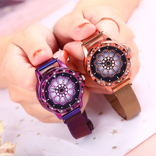 

luxury stainless steel quartz wristwatch starry sky women watches flower rhinestone dial magnet buckle laides watches kol saati, Slivery;brown