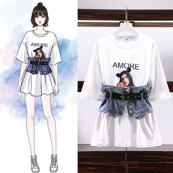 

cool girl design tshirt two piece set women o-neck loose girl pattern print long tshirt with cowboy girdle suits, White