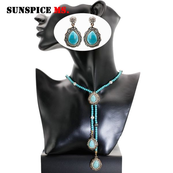 

sunspice ms turkish vintage beads stones long necklace earrings women sweater chain antique gold color boho ethnic jewelry sets, Silver
