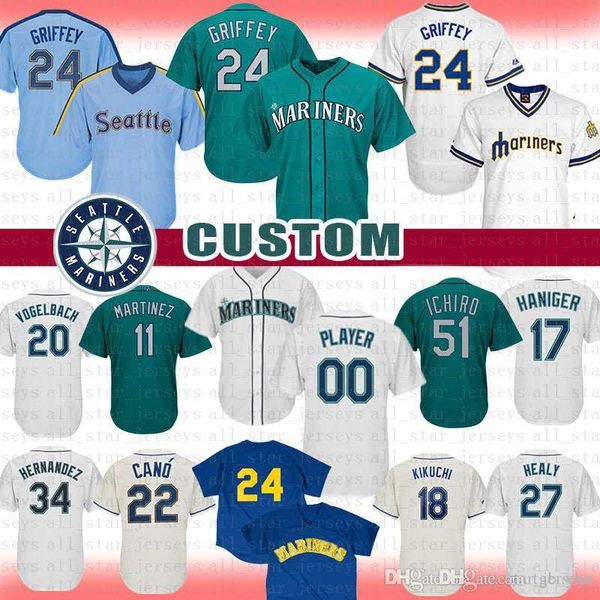 

Seattle 24 Ken Griffey Jr. Cutsom Mariners Baseball Jersey Ichiro Suzuki Martinez Haniger Vogelbach Hernandez Kikuchi Cano Buhner Healy Cruz