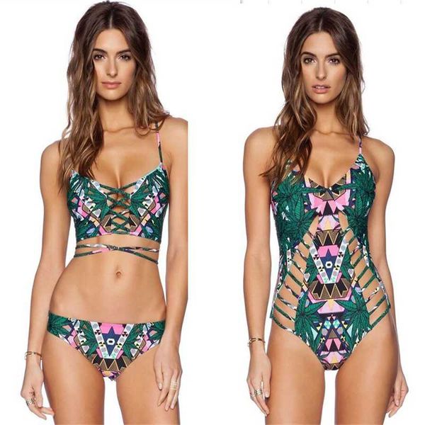 

swimsuit totem print sling bikini banded siamese swimsuit, White;black