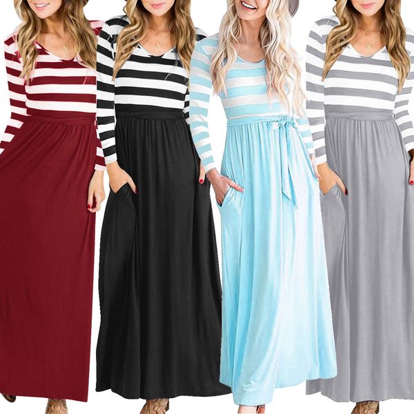 

women's striped dresses Long Sleeve High Waist Spring Autumn Loose Casual Long Maxi Dress With Pockets Belt