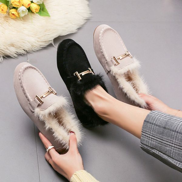 

korean shoes loafers fur all-match women's moccasins round toe casual female sneakers flats slip-on 2019 winter new dress slip, Black