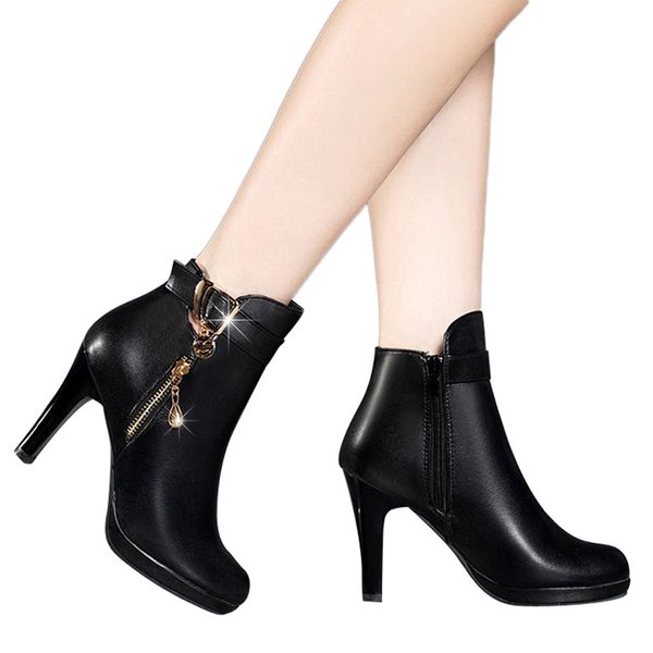 

2019 new women boots high heel shoes short tube thin heels boot leather zipper solid color round toe shoes women zipper boots, Black
