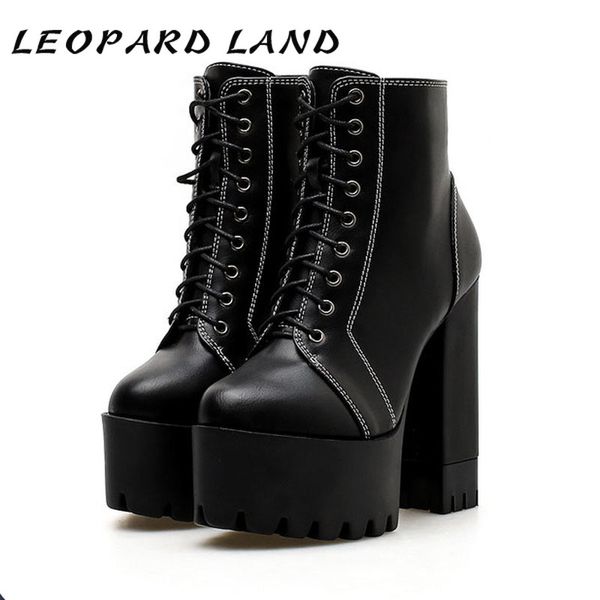 

leopard land 2020 spring women platform boots autumn winter simple line high-heeled thick ankle boots shoes woman jxq, Black