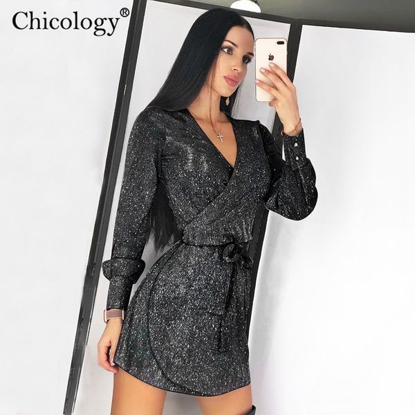 

chicology glitter wrap mini dress v neck lace up women long sleeve 2019 autumn winter party club streetwear casual clothes, Black;gray