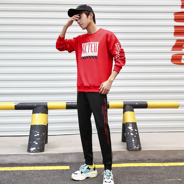 

zhijing men's casual sweater set round neck two-piece suit men sweat suit, Gray