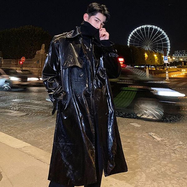 

glitter mens trench coats man patent leather pu coat men loose clothes double breasted overcoat long sleeve black pink b248, Tan;black