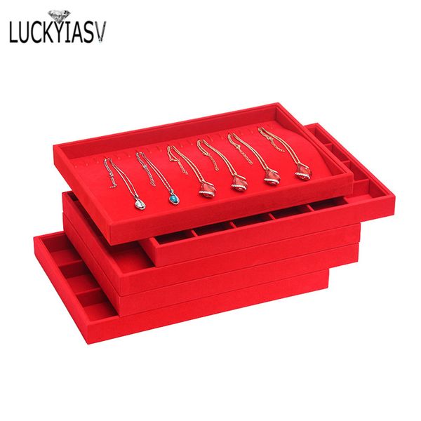 

red velvet jewelry tray box ring pendant bracelet necklace tray jewelry storage display organizer for ring necklace, Pink;blue