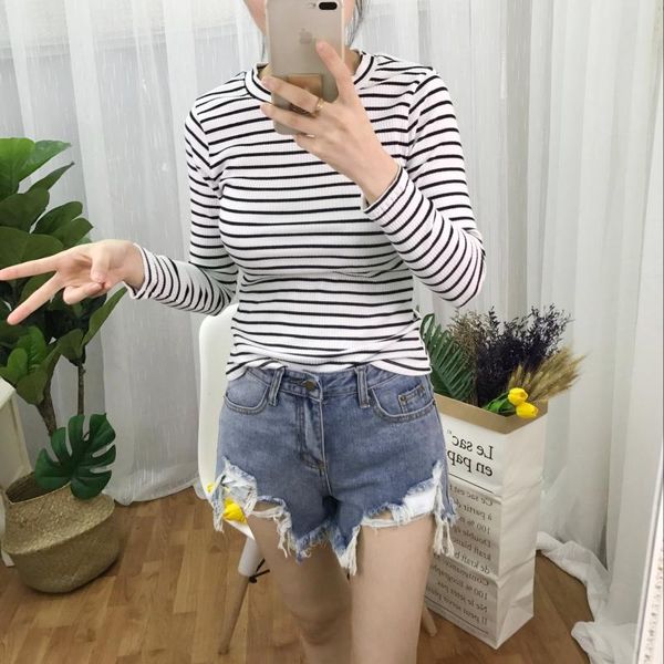 

autumn clothing slimming new style korean-style slim fit slimming long sleeve stripes base shirt versatile students t-shirt, White