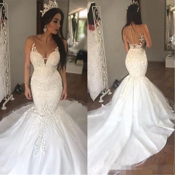 

modest mermaid wedding dresses illusion bodice covered buttons chapel train custom made lace applique plus size wedding bridal gowns, White