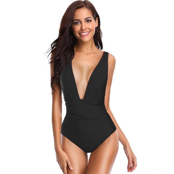 

2019 solid color swimsuit bikini deep v belly-covering slim bikini one-piece swimsuit, White;black