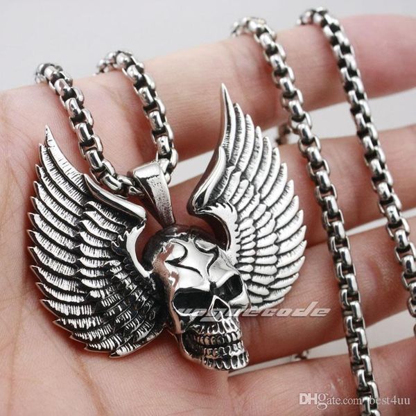 

high uu solid 925 sterling silver skull wing mens biker rocker punk pendant 8c012