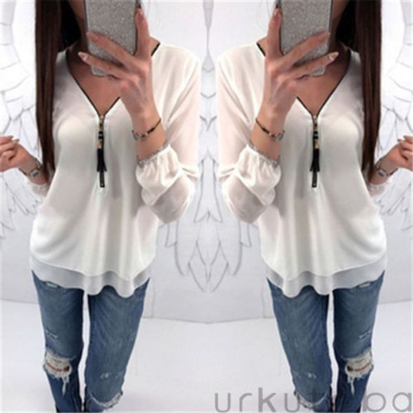 

New Fashion Women Chiffon T-Shirt Zipper Long Sleeve Loose Tops V-neck Chiffon Lady Casual Zipper Loose Shirt Oversize S-5XL