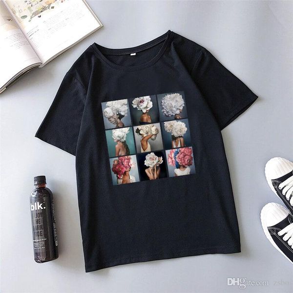 

flower art дата лето новая женщина среда обитания модный персонаж свободная шея круглая высота s-2xl женская футболка gtkwc27, White;black