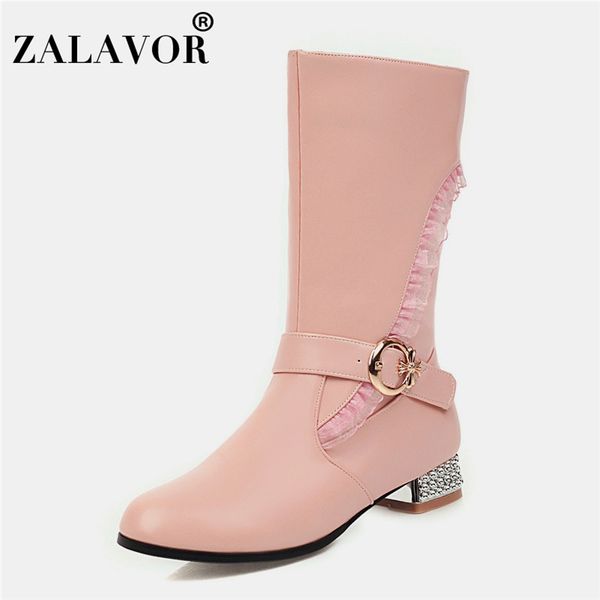 

zalavor plus size 28-42 low price winter warm boots fashion mid- calf buckle square heel women shoes les solid color footwear, Black