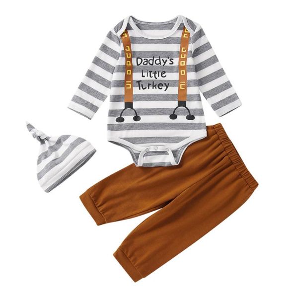 

3pcs newborn infant baby boys clothes set long sleeve letter print stripe romper+solid pant+ hat outfit ropa para bebes, White