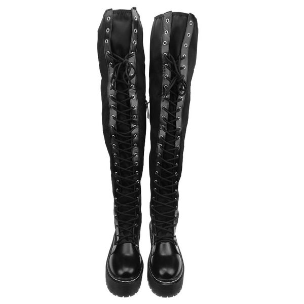 

New Punks Fashion Womens Leather Platform Shoes Creepers For Woman Lace Up Over The Knee High Riding Boots Black Stretchy Boots