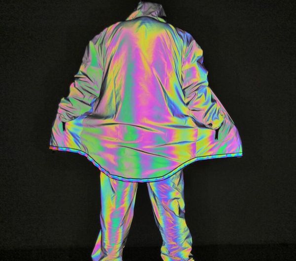 

new style color reflective double zipper mid-length jacket trench coat europe and america large size colorful reflective coat, Black;brown