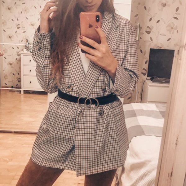 

new arrival 2019 autumn winter coat women long sleeve turn-down collar single button outwear jacket elegant plaid overcoats, Black;brown