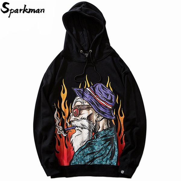 

2019 men hip hop hoodie sweatshirt streetwear harajuku japanese old man hoodie pullover fire flame sweat shirt autumn cotton, Black