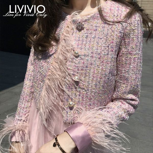 

livivio] feather long sleeve pearl button pink sweet short jacket ladies coat 2019 autumn women new korean fashion clothing, Black;brown