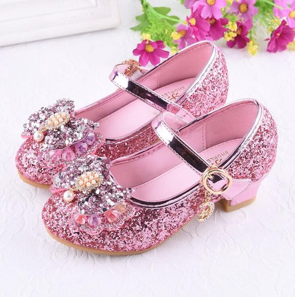 

girls silver party wedding shoes princess shoe leather glitter crystals rhinestones wedge butterfly knot kids leather shoes, Black;grey