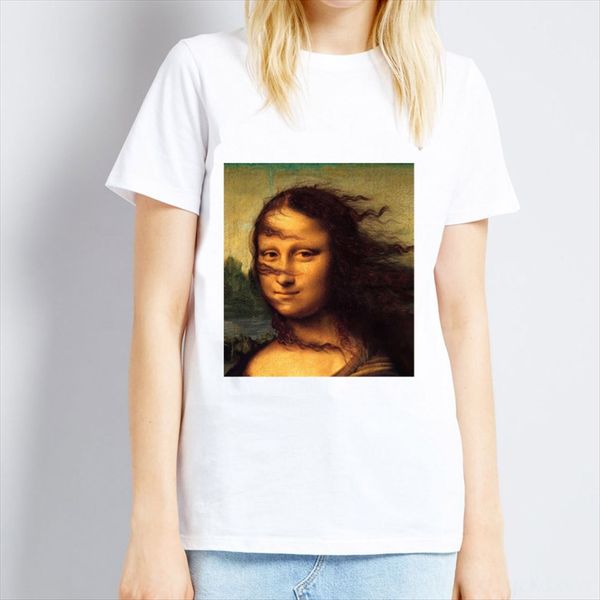 

mona lisa spoof printed loose t-shirt round collar short sleeve david female mona lisa spoof printed loose t-shirt round collar short sleeve, White