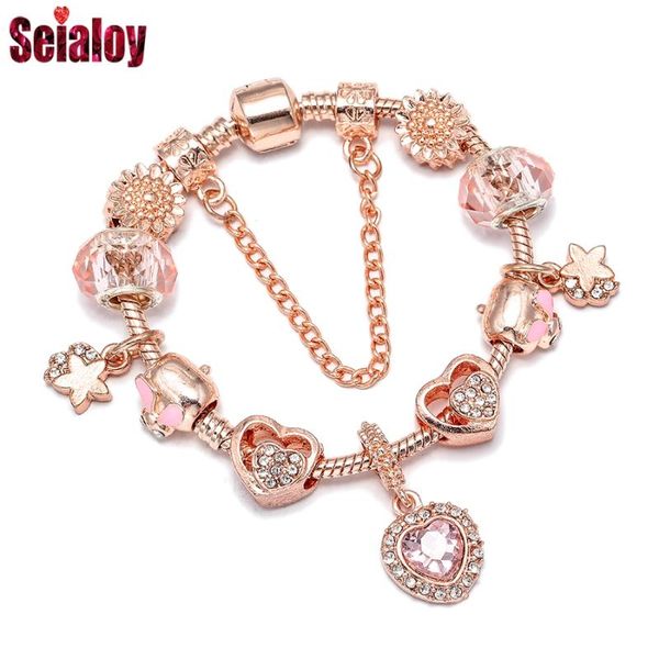 

seialoy fashion rose gold heart charm bracelets for women original pink crystal star beaded bracelet girl new jewelry gift, Black