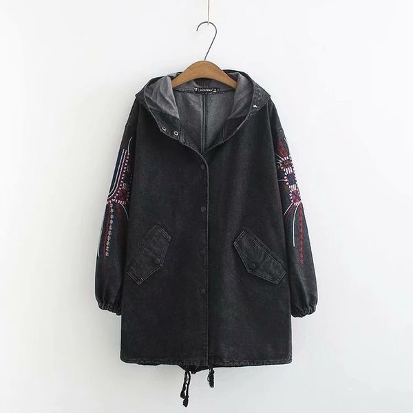 

plus size 2xl-5xl women's long denim jackets autumn winter floral embroidery vintage coats, Tan;black