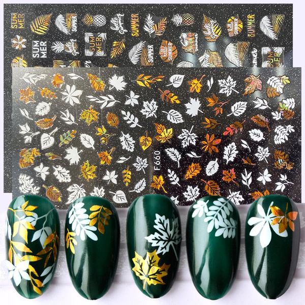 

1pc nail sliders summer leaf design 3d stickers manicure nail art decorations wraps white gold transfer decals nff654-661, Black