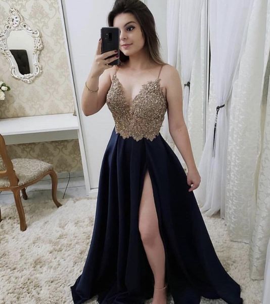 

navy blue a line long prom dresses spaghetti strap appliques side split evening gowns robe de soirÃ©e girls formal party gowns, Black
