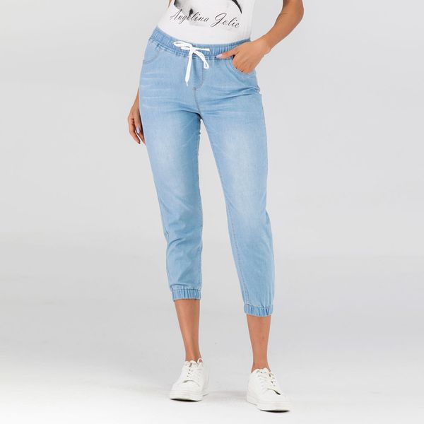 

women jeans denim jogger pants ladies drawstring elastic waist jeans cropped woman trouser mujer calca feminina, Blue