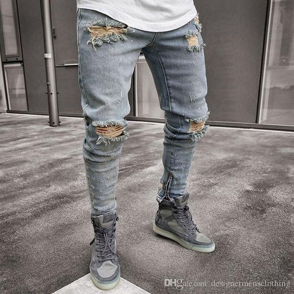 

denim blue ripped designer jeans mens clothing draped slim fit holes zipper pencil pants hombes pantalones