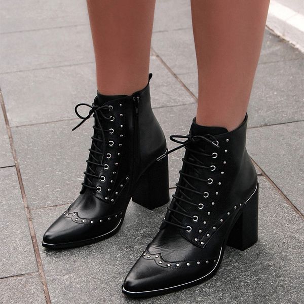 

vintage rivet pointed ankle boots women cowboy short boot spring summer lace up high heel leather shoes female botas knight, Black