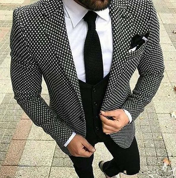 

grid cloth men suits wedding groom tuxedos slim fit three piece jacket pants vest notched lapel man clothing blazer, Black;gray