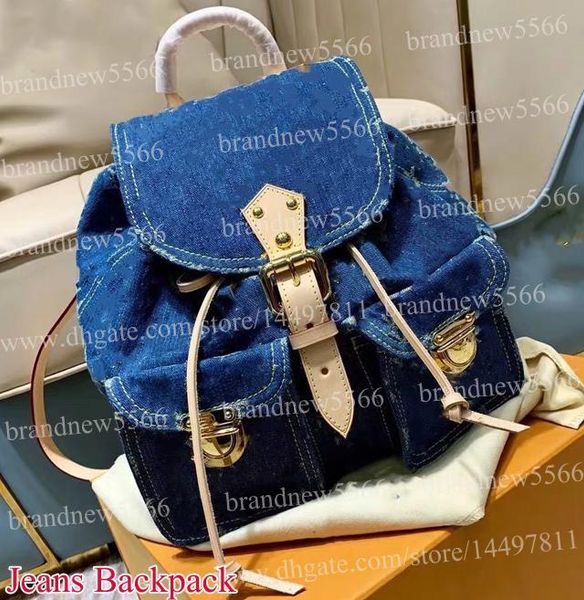 

design men's jeans backpack bag 30cm genuine leather patchwork cowboy women's fashion double shoulder bags 44460 backpack