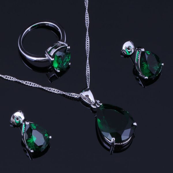 

stunning water drop green cubic zirconia 925 sterling silver jewelry sets for women earrings pendant chain ring v0961