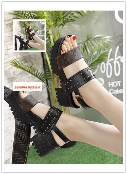 

original box designer letter printing rivets metal buckle high heel shoes platform 1a3red leather laureate platform sandal size 368, Black